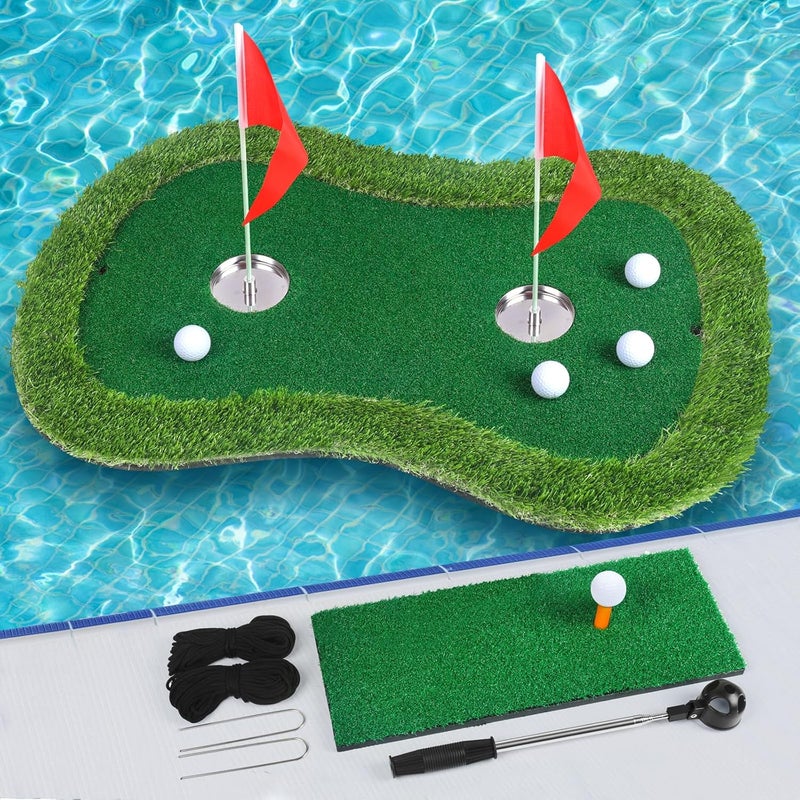 Chriiena Floating Golf Green for Pool/Lake, Floating Chipping Mat with Ball Retriever & Anti-Drift Ropes - Stable Golf Putting Practice Game Set for Golfers - Image 1